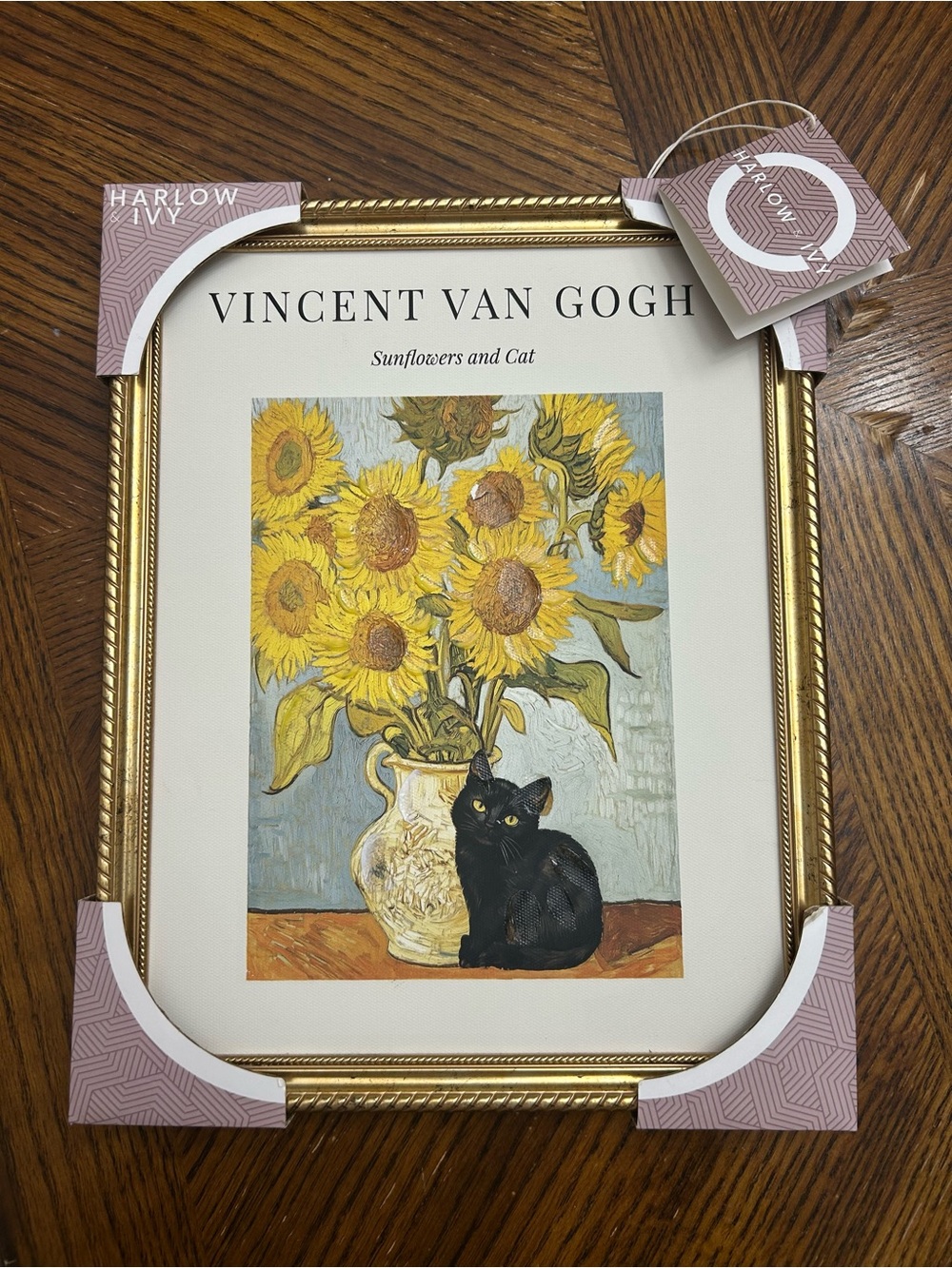 Gold Framed Vincent van Gogh Sunflowers and Cat painting size 11x14”